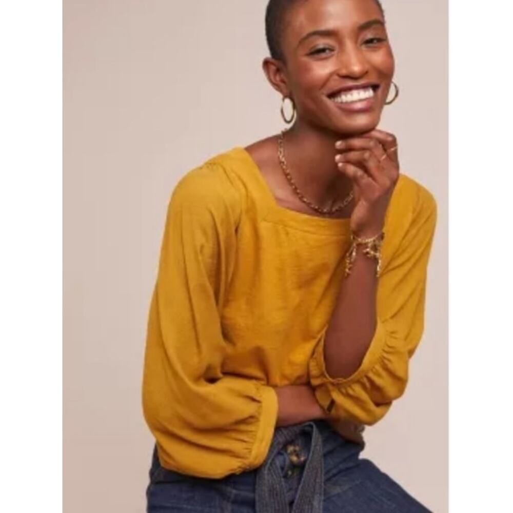 Anthropologie Akemi + Kin Gold Decker Top Balloon Sleeve Peasant Boho Cottage XS